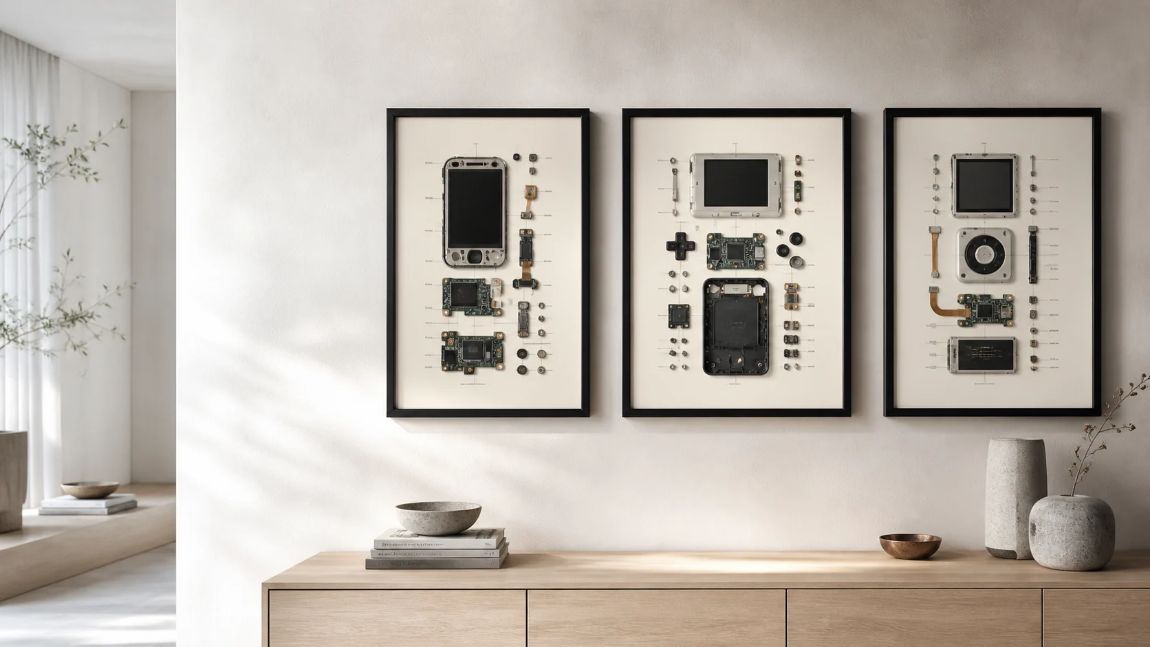 Tres cuadros tecnológicos enmarcados en una pared de estilo contemporáneo