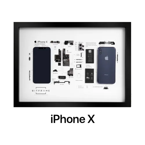 Cuadro BITFRAME iPhone X con el dispositivo desmontado y enmarcado